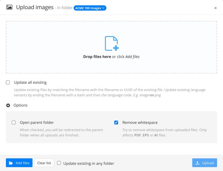 Upload images dialog. It has a box for dragging and dropping images files, and Update all existing checkbox and an options section. The options section has a checkbox for opening the parent folder and another checkbox for removing whitespace on vector images. There are All files, Clear List, and Upload buttons at the bottom, as well as an Update existing in any folder checkbox.