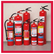 A photograph of several fire extinguishers lined up against a wall. There is a thick red border around the edge of the image.