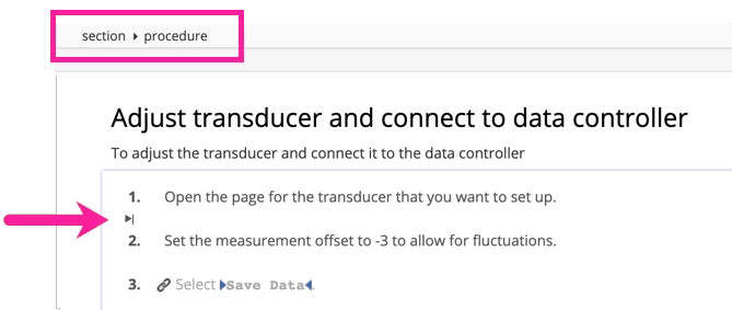 Close-up of top of topic. The element structure menu shows that the procedure element is selected. There is a title, some text, and a procedure in the topic. A callout arrow points to the cursor position which is inside the procedure after the end of step 1 but before the start of step 2.