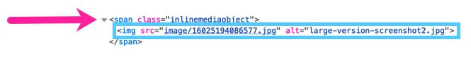 HTML code showing <span class="inlinemediaobject"> on the top line, and image metadata on the second line. A callout arrow points to the first line and a blue highlight box is around the second line.