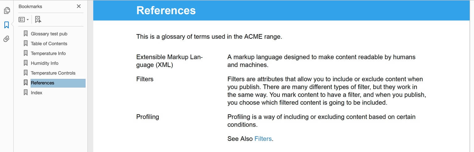 A PDF output showing a bookmarks side panel and a references topic. The topic contains a glossary that has no title and there is no bookmark link for "Glossary".