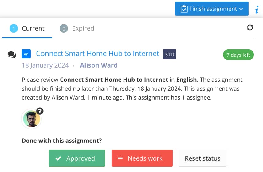 Translation review assignment. Translation view has a clipboard icon selected, revealing the options: Approved, Needs Work, and Reset Status.