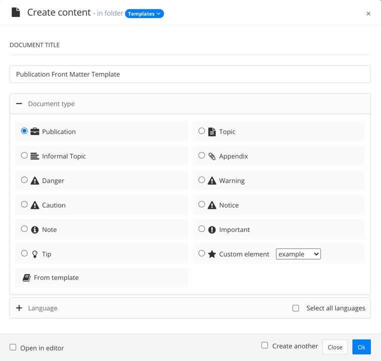 Create content dialog, settings in place for creating a new publication