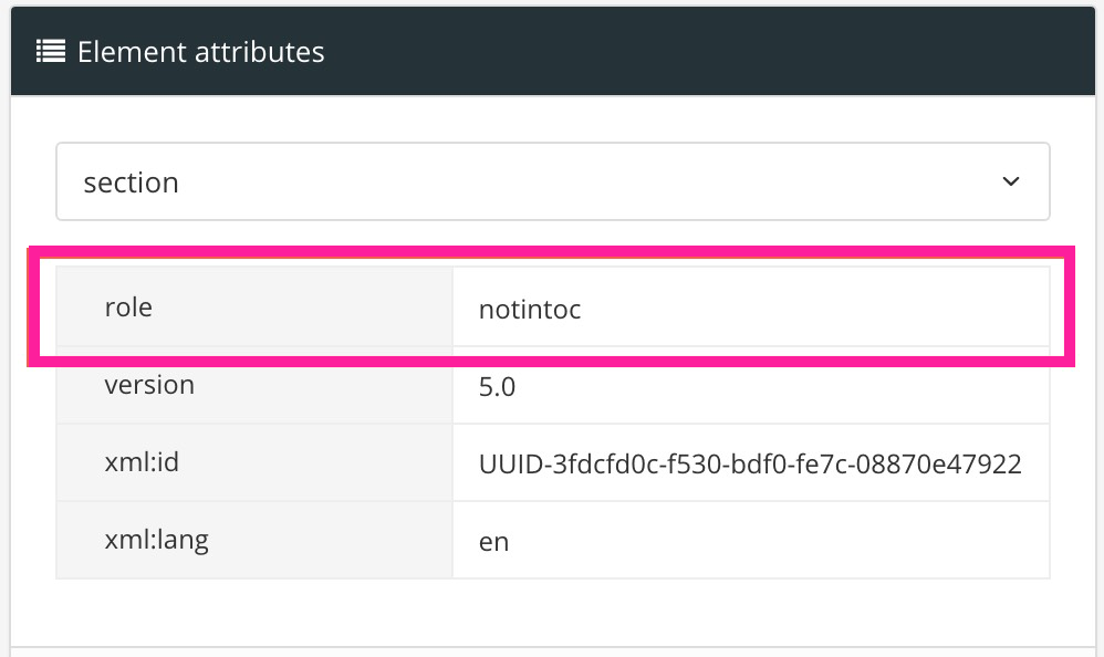 Element attributes panel. The section element is selected and it has been given a role attribute. The value of the role attribute is notintoc