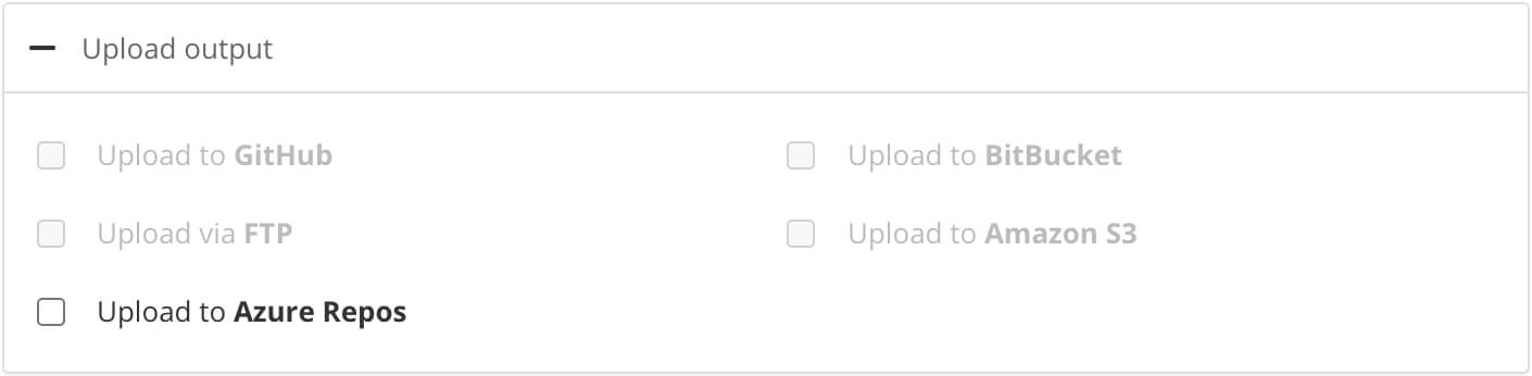 Upload output settings. The Upload to Azure Repos checkbox is available for selection.
