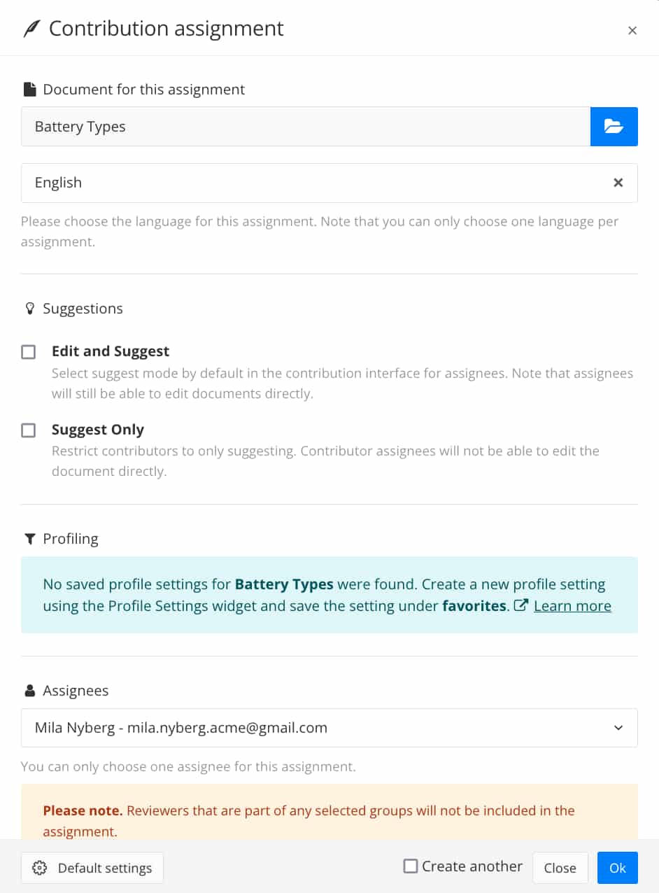 Create assignment dialog has settings for defining the assignment type, document, language, suggestions, profiling, and the assignee and deadline.