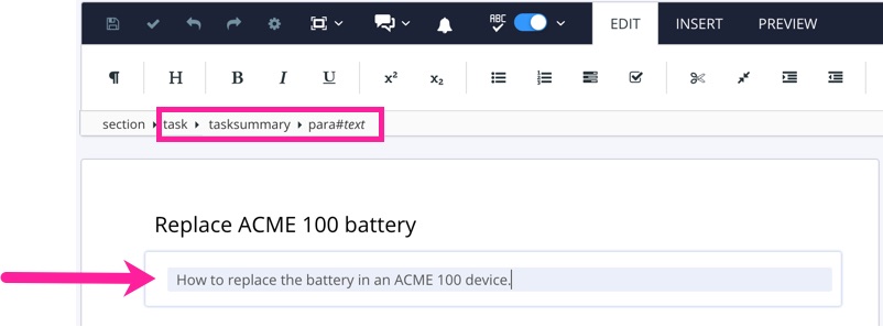 A topic that contains a task element. Inside the task element, a tasksummary element has been added, and inside that, there is a para element. A callout arrow points to the paragraph text that has been added.