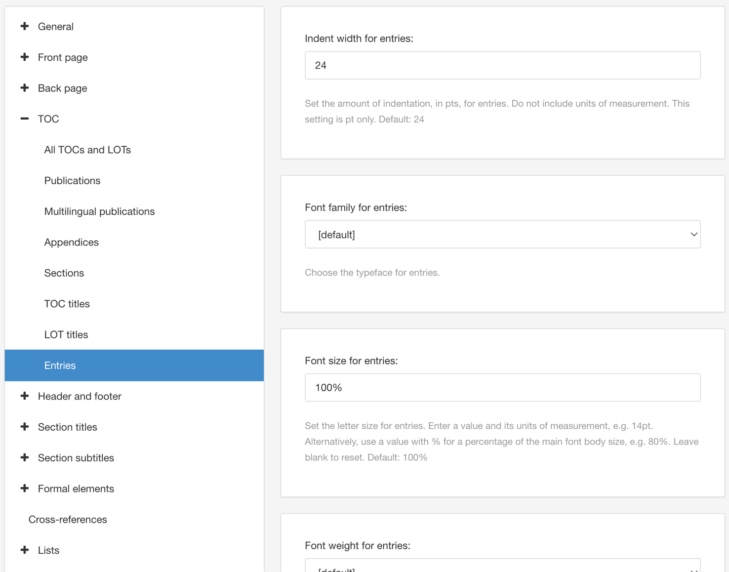 PDF Layout. TOC settings. Entries category.