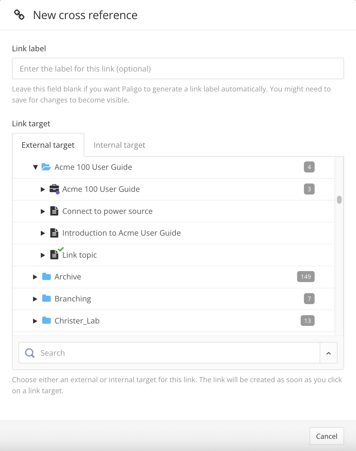 New cross-reference dialog has a Link Label field and a Link Target section. The Link Target section contains a hierarchy of folders, publications, and topics.