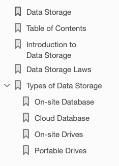 Table of contents from a PDF output file. The table of contents only includes the top 2 levels of topics from the Paligo publication.