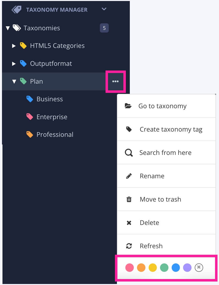 Taxonomy Manager. A taxonomy tag's options menu is shown. A callout box highlights the color selection options on the menu.