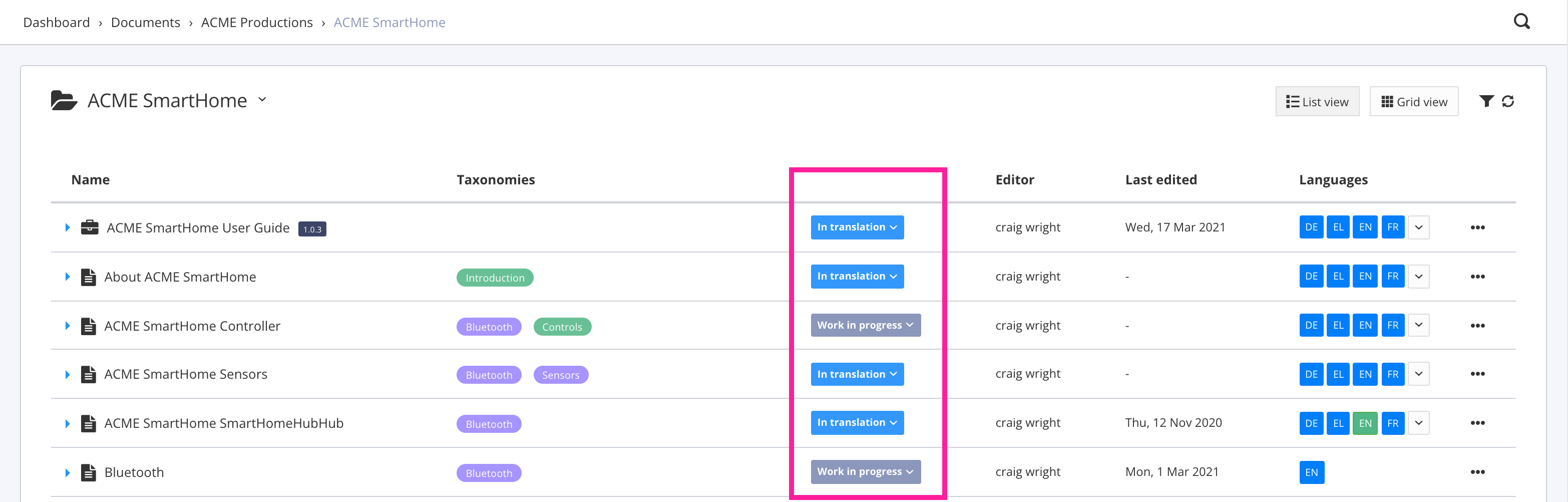 Resource view shows a list of topics in a folder. There is a column showing the production status.