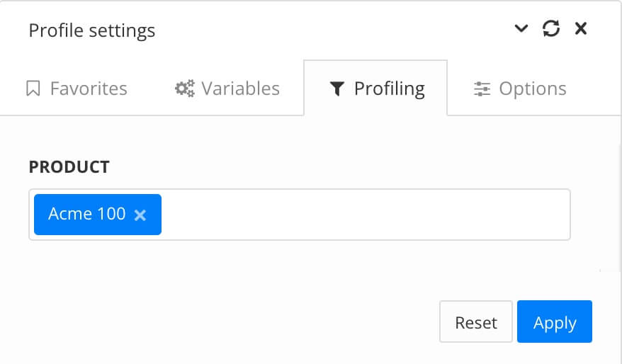 Profile settings dialog. The Profiling tab is selected. It shows the Product filter is set to Acme 100.