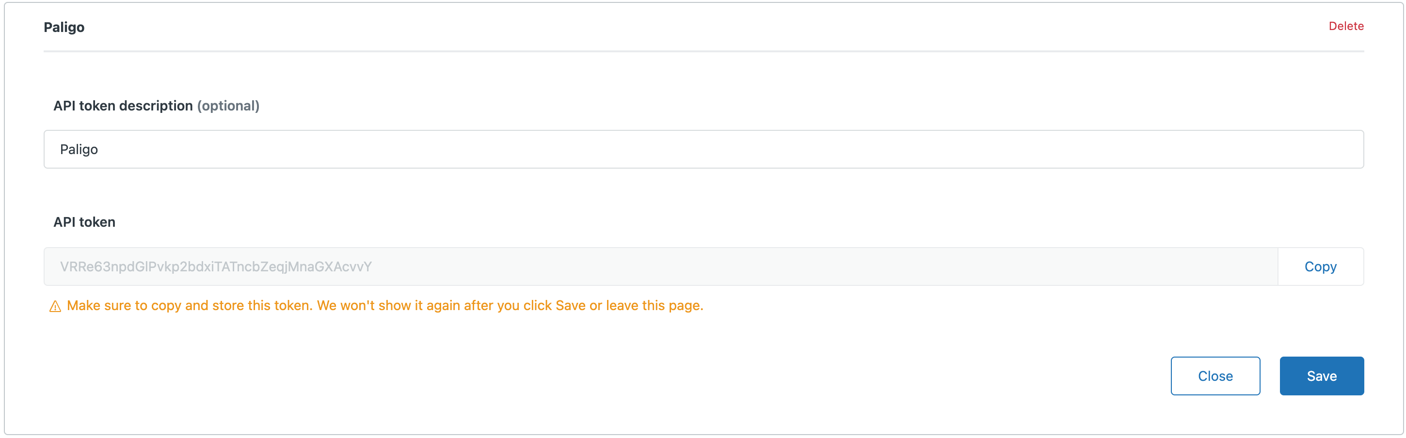 Zendesk new API token settings. A name for the API token is added in the API Token Description field. The API token field contains an automatically generated API token.