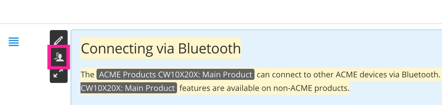 Contribution editor. Toolbar shows three icons, a pencil, a user avatar, and two arrows. There is a highlight around the user avatar, which is the share document icon.