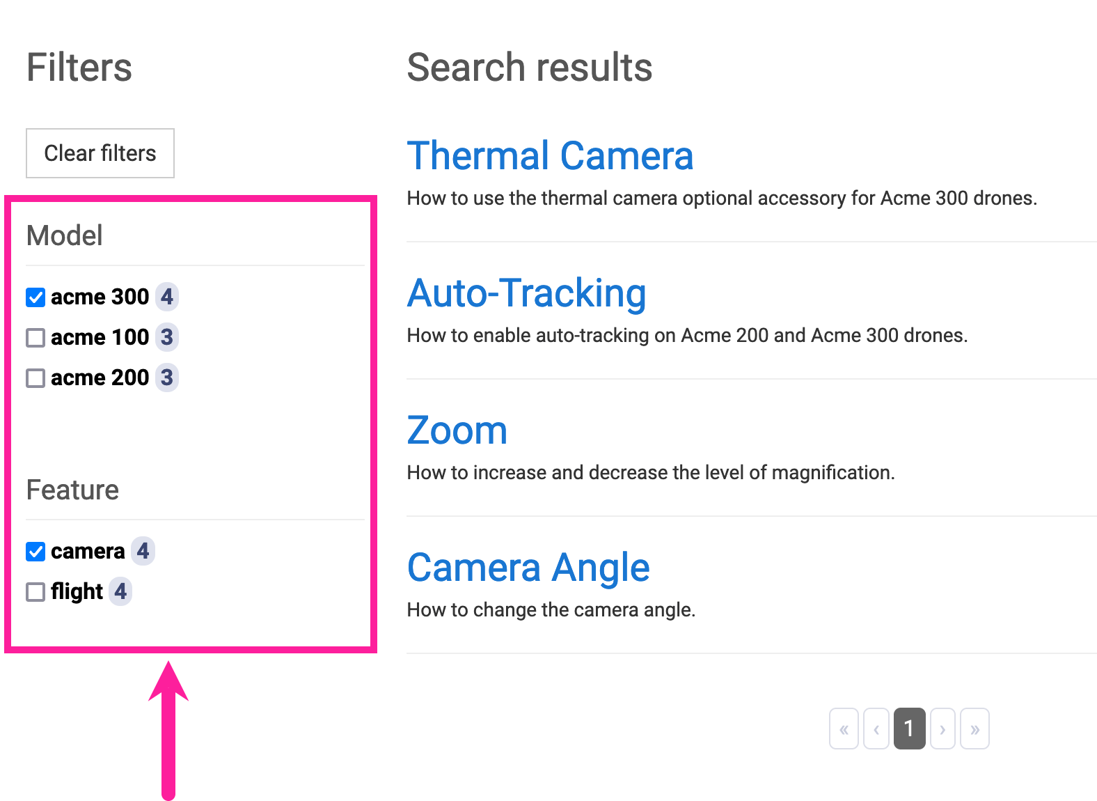 Algolia faceted search page in Paligo Help Center output. The search results are shown in the main panel on the right. On the left is a filters column, with checkboxes for the various facets (filters).