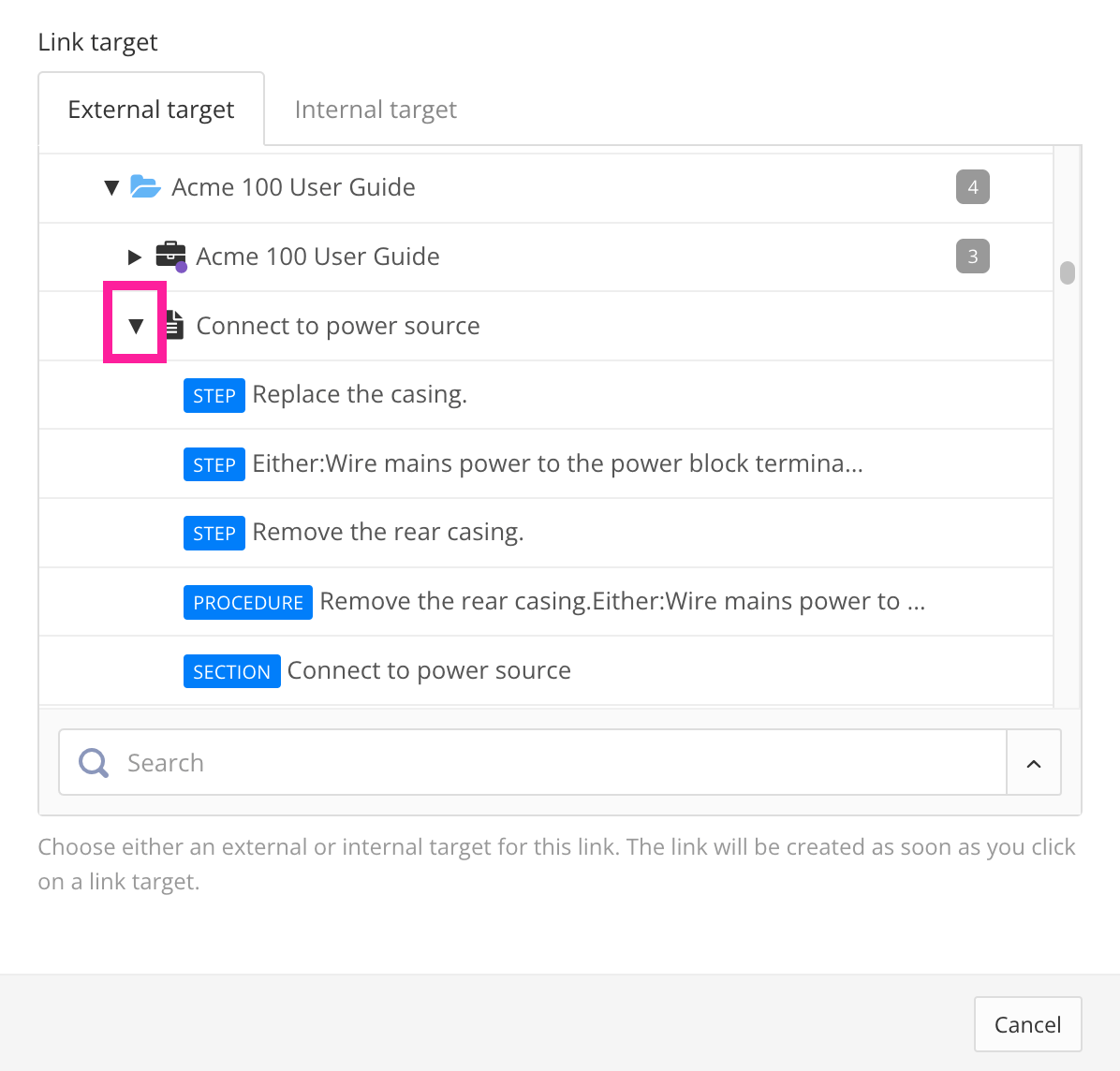Link target section of new cross-reference dialog. A callout highlights an arrow next to a topic. The topic is expanded to reveal its elements.