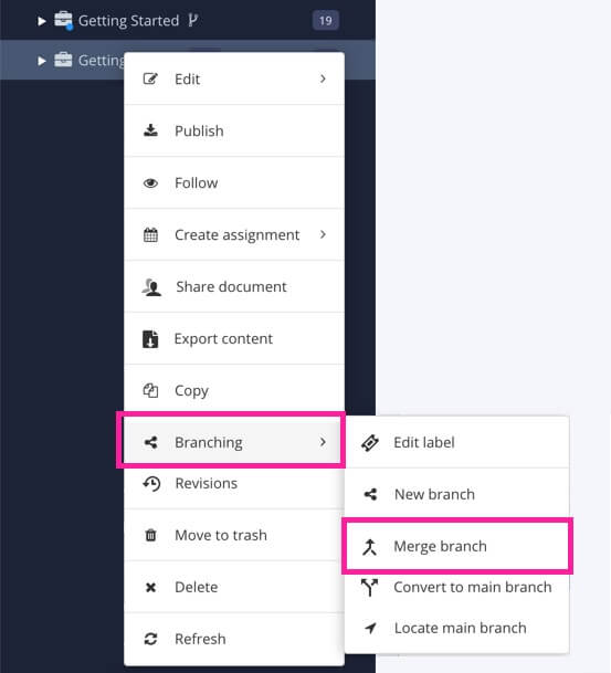 Content Manager. A publication branch has its options menu selected. The branching and merge branch options are highlighted.