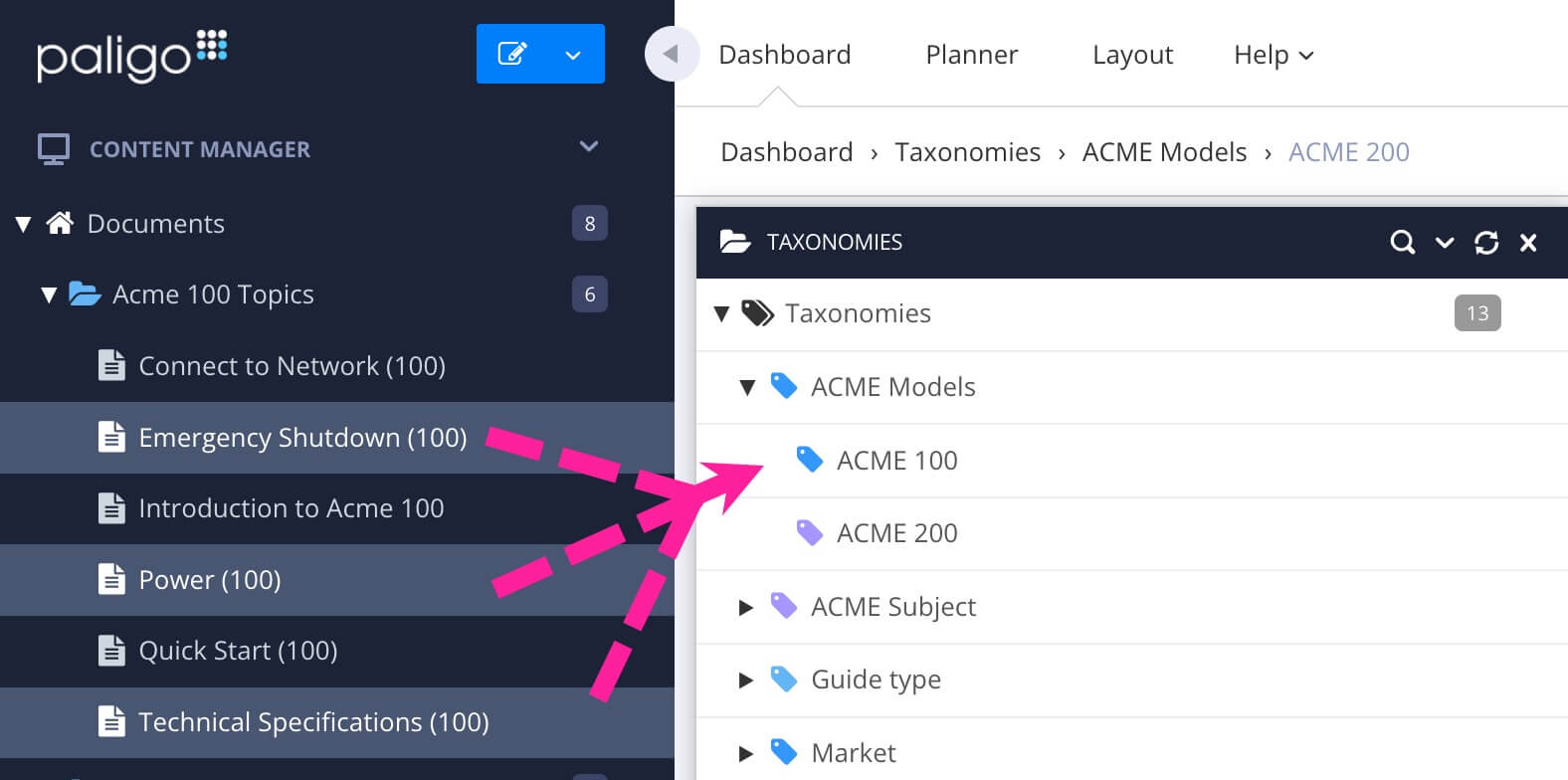 Multiple topics are selected. Callout arrows show that the topics can be dragged from the content manager onto a taxonomy tag in the floating content panel.