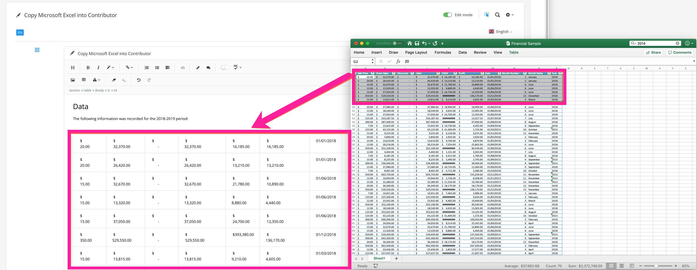 Diagram showing Excel content being copied into the contributor editor