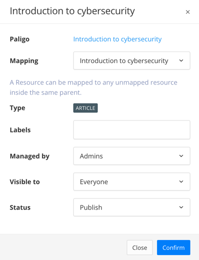 Zendesk preflight, article properties dialog. It has settings for mapping, labels, managed by, visible to, and status.