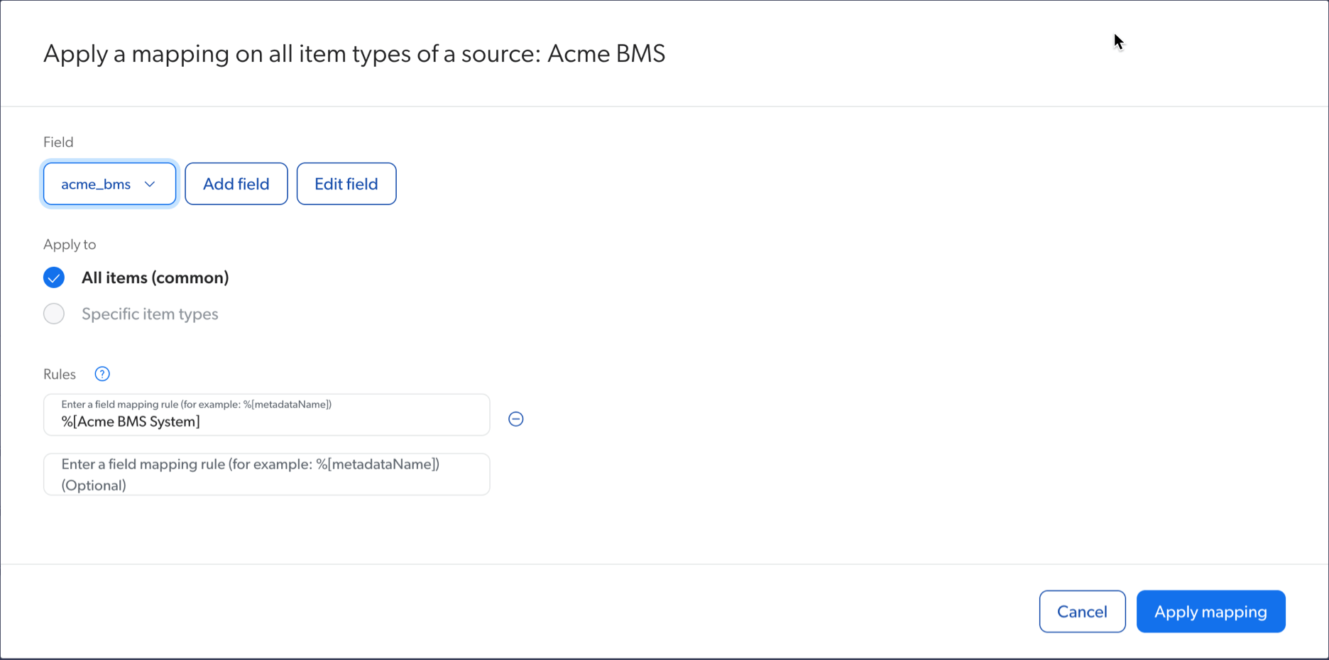 Apply a mapping dialog in Coveo. The Field is set to acme_bms, and the All items (common) box is checked.