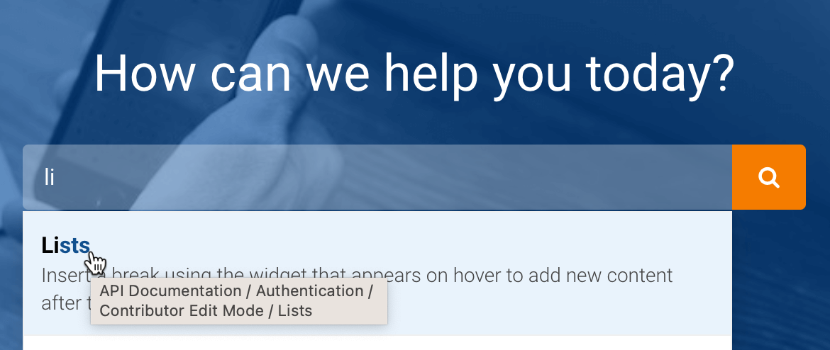 Search results on HTML5 help center shown in a dropdown as the user types into the search field. The cursor is over one of the results and a hover pop-up is shown, containing the breadcrumb for the search result. The breadcrumb is the path from the top of the publication to the topic.