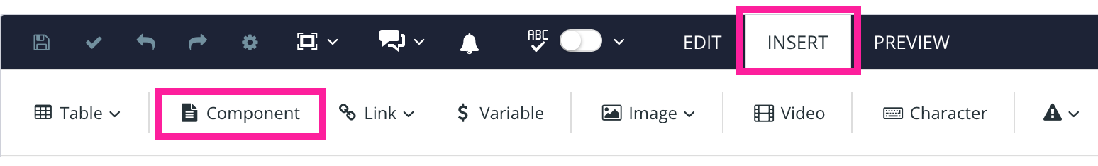 Editor menu. A callout box highlights the Insert tab. Another callout box highlights the Component option on the Insert toolbar.