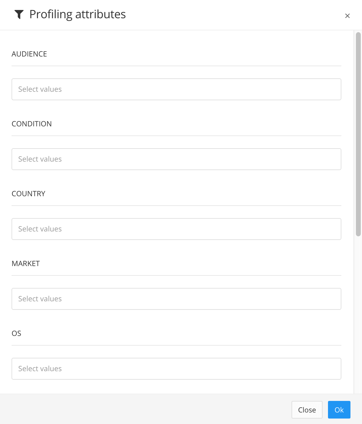 Profiling attributes dialog. There are many filter fields available, including Audience, Condition, Country, and Market.