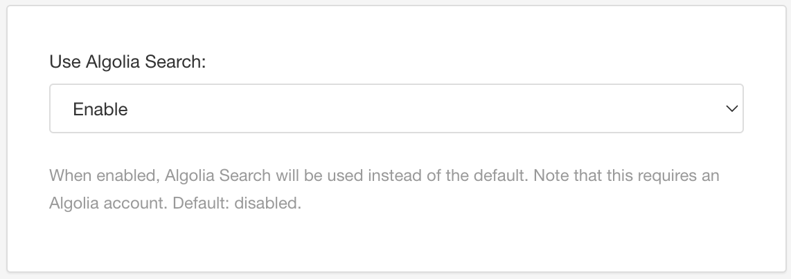 HTML5 Help Center Layout. Search engine settings. Use Algolia Search setting is shown and it is set to Enable.