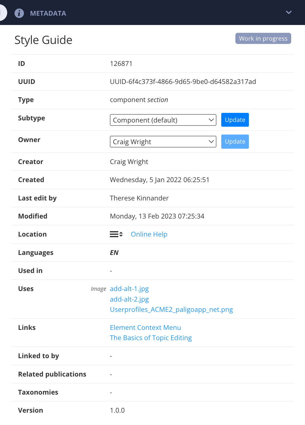 Metadata panel for a topic. There are various categories of information. There is an owner dropdown for changing the ownership of the topic.