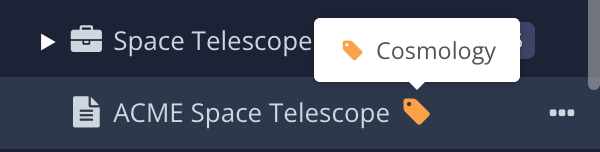 A topic in the Content Manager has a yellow tag icon to show it has a taxonomy. The hover effect shows a ToolTip that shows the same tag but also names the tag too, in this case, Cosmology.