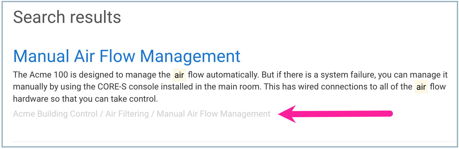 Search results on Advanced Search page. Each search result has a description and below that, a breadcrumb that shows the path from the top of the publication to the topic for the search result.