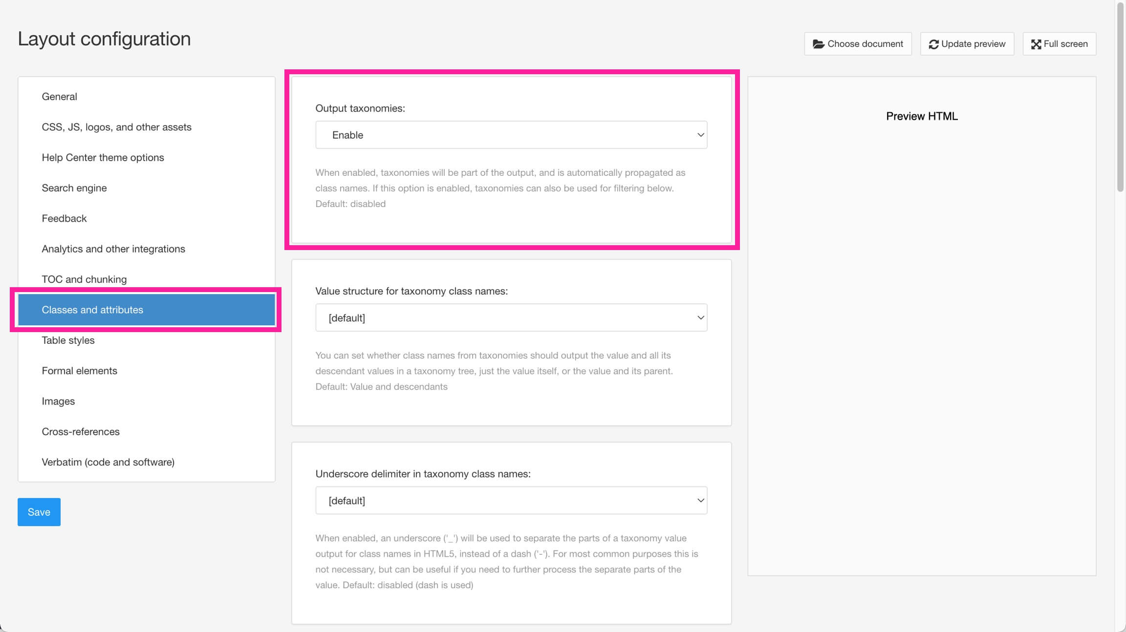 HTML5 Layout. The classes and attributes section is selected revealing its settings. A callout box highlights the Output taxonomies setting.