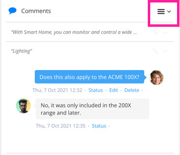 Comments section. A callout box highlights the menu in the top-right corner.