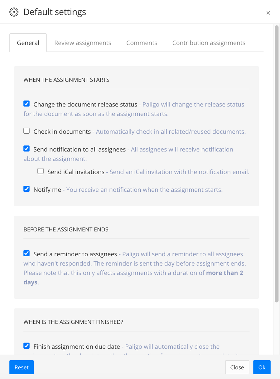 Default settings dialog for assignments. There are tabs of settings. The tabs are General, Review assignments, Comments, and Contribution assignments.