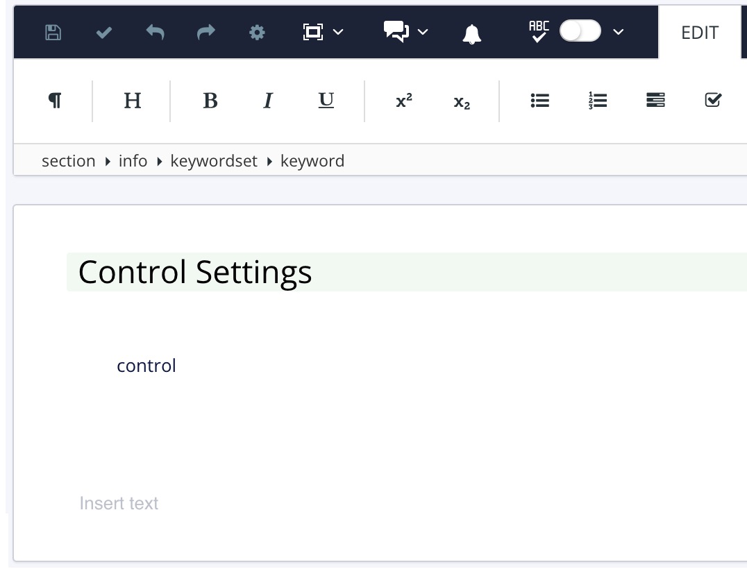 Paligo topic. It has an info element containing a keywordset element. The keywordset element contains a keyword element and the word "control" is inside the keyword element.