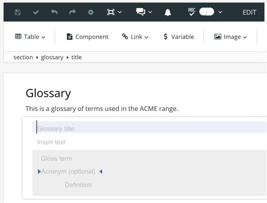 Glossary topic containing a glossary element. The glossary element contains a title element by default.