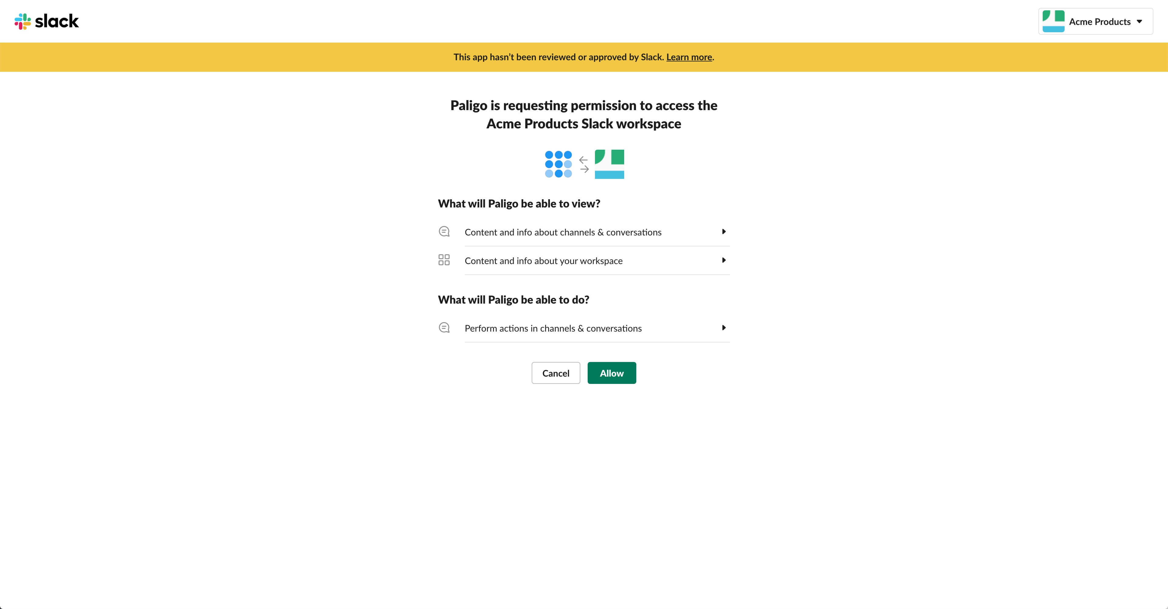Paligo to Slack requesting connection page.