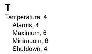 Index for letter T. It shows Temperature and a page number at the top level. Indented at the second level are entries for Alarms, Maximum, Minimum, and Shutdown, each with a page number.