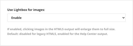 Layout setting. There is a Use Lightbox for images box. Inside it, there is a single dropdown menu and it is set to Enable.
