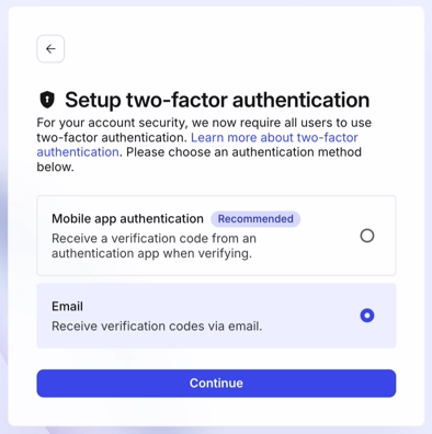 Set up two-factor authentication panel. It has options for mobile app authentication, email, and a continue button. The email option is selected.