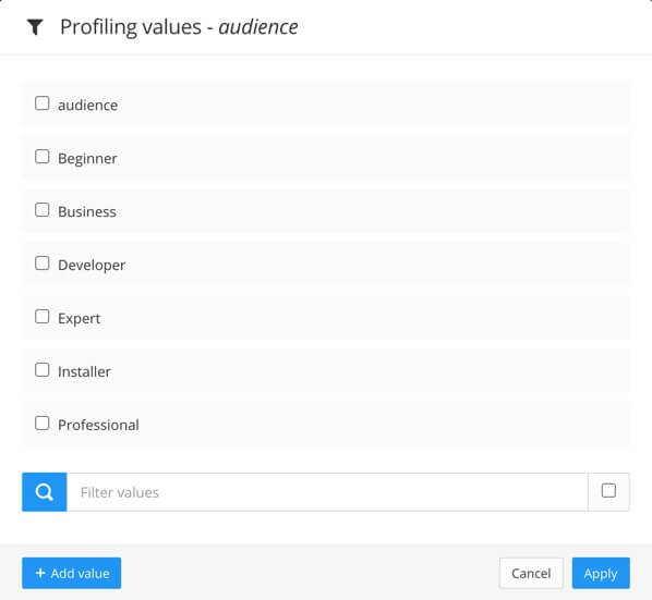 Profiling values dialog shows a list of profile values, a button to add a value, and cancel and apply buttons.