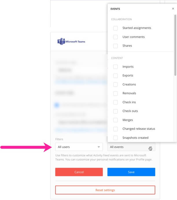 Paligo's MS Teams integration settings. A callout arrow points to the Filters settings. There are two filter combo-boxes, the left one is for filtering by user name. The right one is for filtering by type of event. The event combo-box is selected, revealing a list of the events, each with a checkbox for including or excluding that type of event.