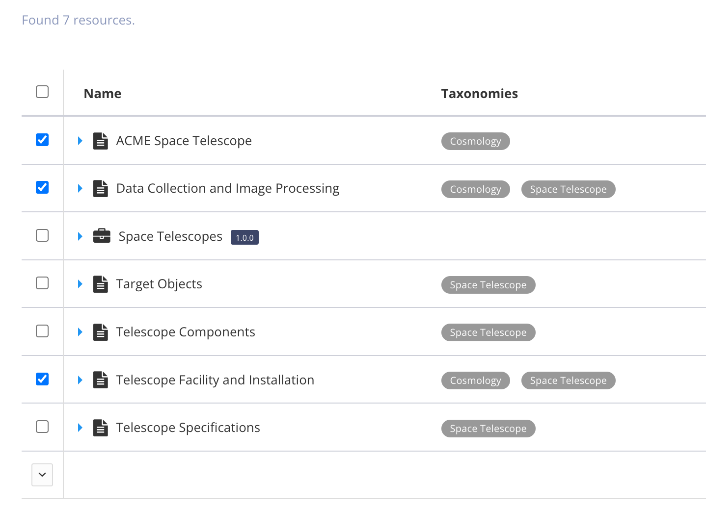 Close up of advanced search results. There is a list of results. Next to each result row is a checkbox. For each result, Paligo shows the name of the component and also the taxonomies it has.