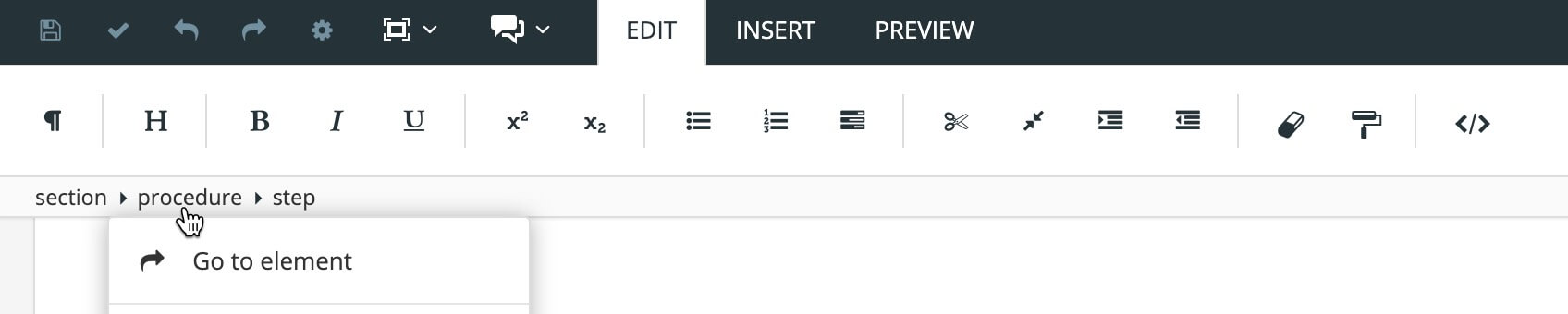 The top section of the main editor, with the menu, toolbar, and Element Structure Menu shown. The Element Structure Menu shows section, procedure, and step elements and the cursor is on the procedure element. There is a dropdown menu with Go to element as an option.