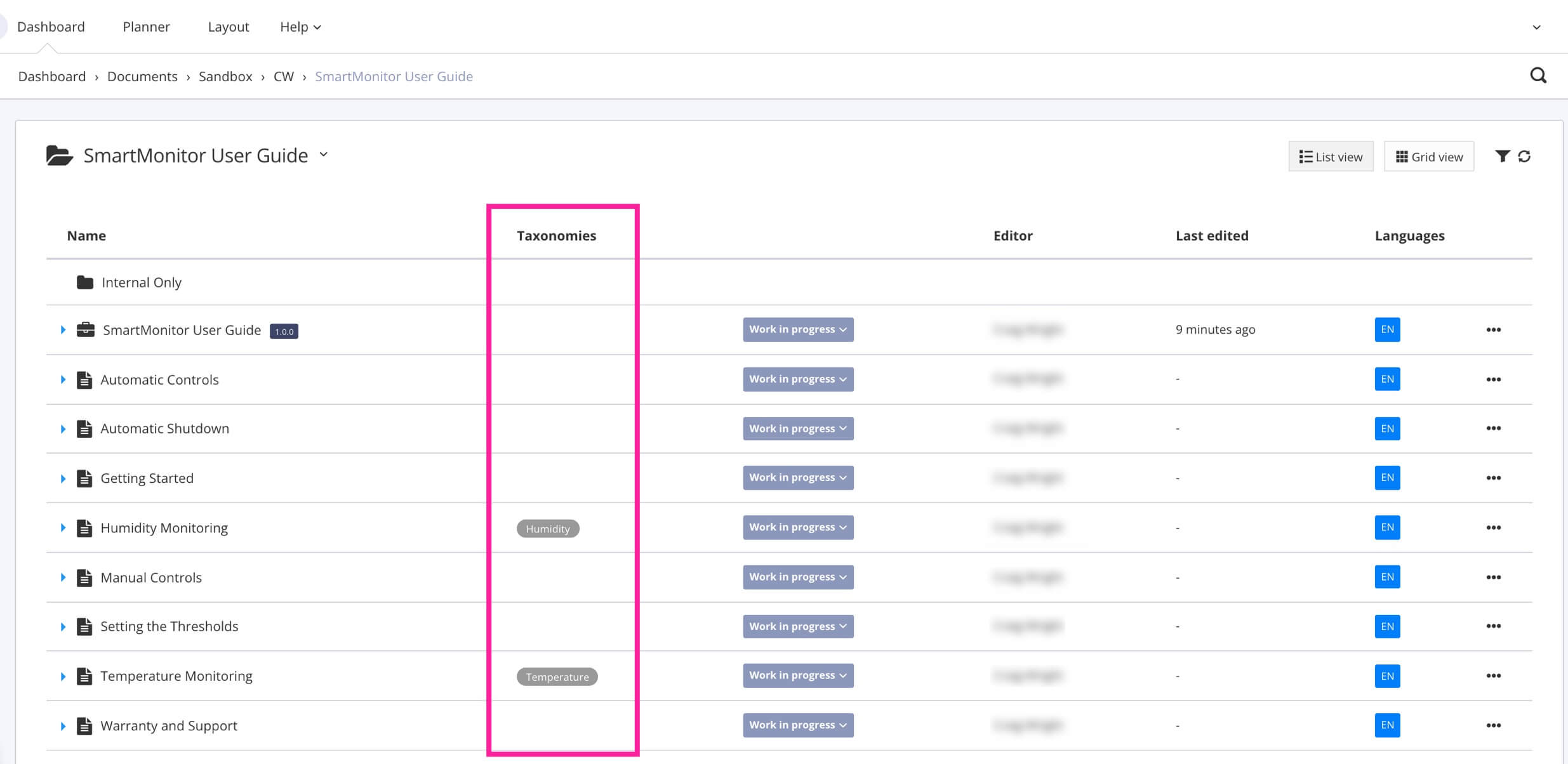 Resource View shows which taxonomies have been applied to a topic.