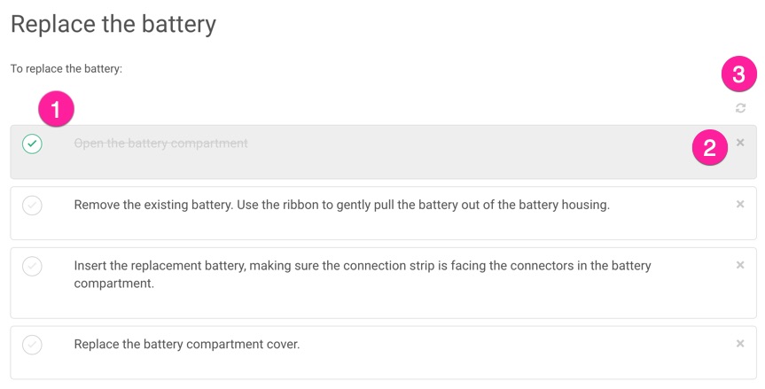 Example of checklist in HTML5 help center output. Each list item has a checkbox and a close icon. There is also a refresh icon to reset the list. The checkox, close icon, and refresh icon are numbered 1, 2, 3 with callouts for illustration purposes only.