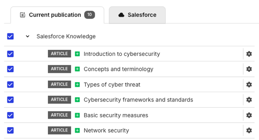 Salesforce preflight shows a list of the articles in the publication. Each article has a checkbox, a status icon, and a cog icon.