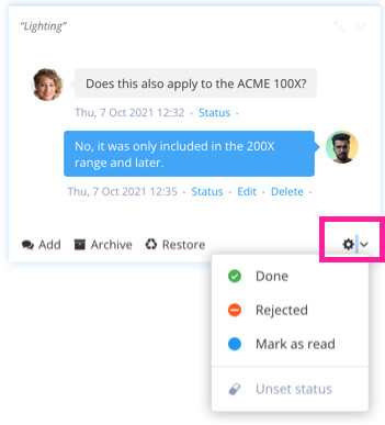 Cog icon selected for a paragraph's comments. There is a menu with Done, Rejected, Mark as read, and Unset status.